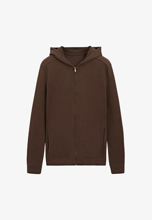 Felpa marrone con cappuccio, zip frontale, maniche lunghe, tasche anteriori e cappuccio attaccato, mostrata su sfondo bianco.
