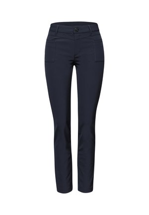 Pantaloni blu navy su misura con vestibilità slim, dotati di tasche anteriori, chiusura con bottone e una texture del tessuto liscia.