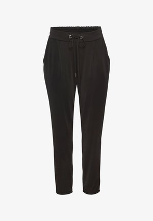Black jogger pants made of soft fabric, featuring an elastic waistband with drawstring, side pockets, and tapered ankles.