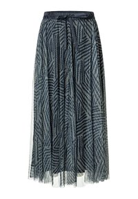 Jupe en tulle avec un motif géométrique bleu foncé, ceinture élastique et lien en ruban. Superposition transparente avec une couche de base solide.