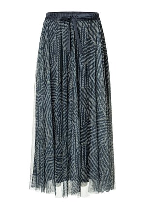 Tulle skirt with a dark blue geometric pattern, elastic waistband, and ribbon tie. Sheer overlay with a solid base layer.