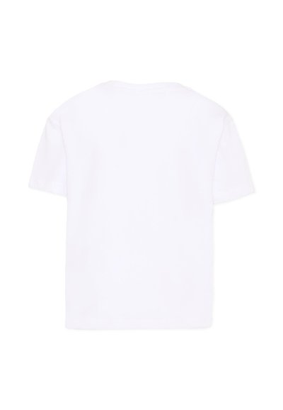 T-shirt bianca semplice a maniche corte con scollo rotondo, mostrata di spalle su sfondo bianco.