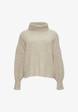 Beiger Strickpullover mit hohen Kragen, verkürztem Schnitt und weiten Ärmeln. Texturiertes Muster über die gesamte Fläche, das ein weiches, warmes Erscheinungsbild verleiht.