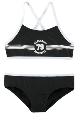 Schwarzes Bikini-Set aus dehnbarem Material mit einem Kreuz-Rücken-Design, weißem Rand und bedrucktem Logo mit "79" und "Kangaroos Originals."