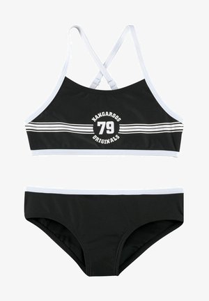 Schwarzes Bikini-Set aus dehnbarem Material mit einem Kreuz-Rücken-Design, weißem Rand und bedrucktem Logo mit "79" und "Kangaroos Originals."