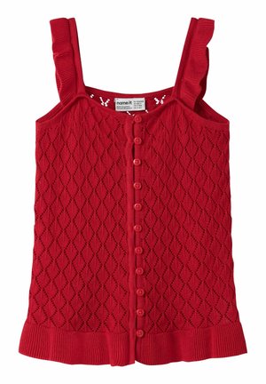 Top rosso senza maniche in maglia con motivo a rombi, chiusura frontale con bottoni, spalline arricciate e orlo a coste.