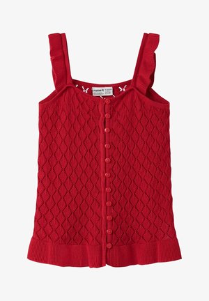 Rotes ärmelloses Stricktop mit Diamantmuster, Knopfleiste vorne, gerafften Trägern und geripptem Saum.