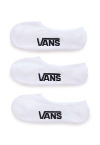 Drei Paar weiße Baumwoll-Sneakersocken mit schwarzem gesticktem "VANS"-Logo, die eine glatte Textur und ein niedriges Design aufweisen.