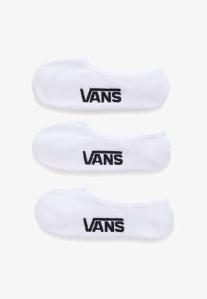 Drei Paar weiße Baumwoll-Sneakersocken mit schwarzem gesticktem "VANS"-Logo, die eine glatte Textur und ein niedriges Design aufweisen.