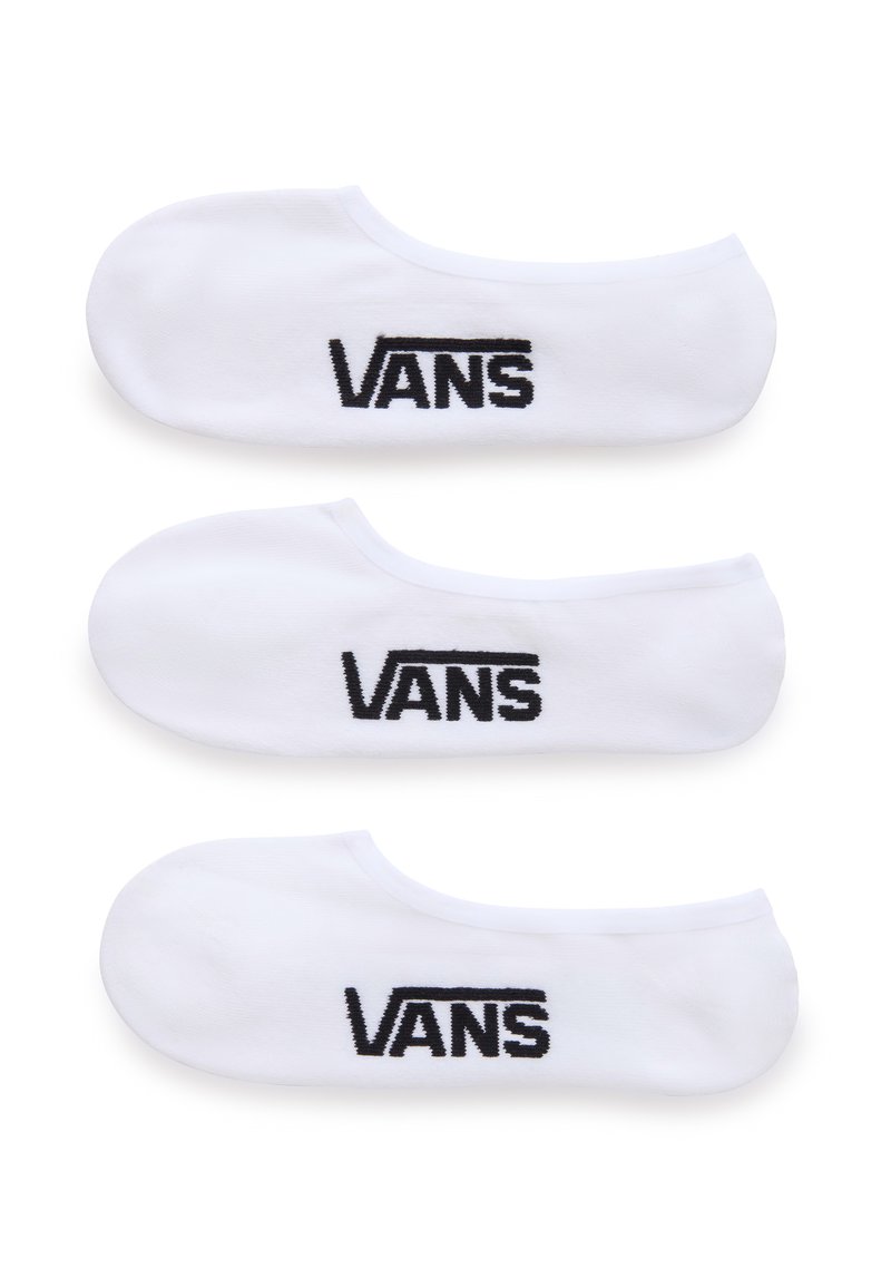 Drei Paar weiße Baumwoll-Sneakersocken mit schwarzem gesticktem "VANS"-Logo, die eine glatte Textur und ein niedriges Design aufweisen.