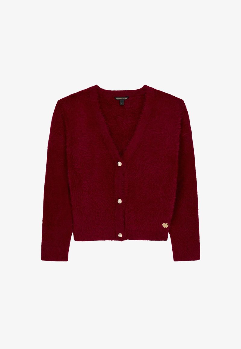 Cardigan fluffy bordeaux con scollo a V, maniche lunghe e quattro bottoni decorativi sul davanti. Presenta un'accento in metallo dorato.