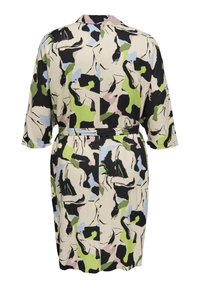 Ρόμπα σε στυλ κιμονό με σχέδιο από ελαφρύ ύφασμα. Διαθέτει αφηρημένα σχήματα σε μαύρο, πράσινο, �ροζ και μπλε χρώμα, με ζώνη στη μέση και κοντά μανίκια.