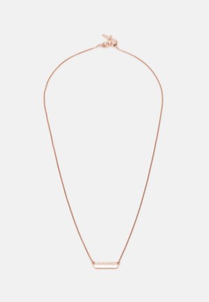 Delicate rose gold chain necklace with a small horizontal engraved bar pendant and a lobster clasp closure.