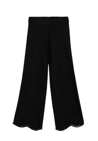 Pantalones negros de pierna ancha con tela suave y cintura elástica. Presentan un dobladillo festoneado y detalles mínimos en los bordes.