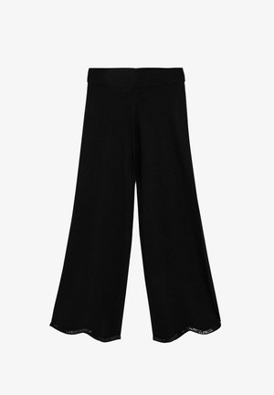 Pantalones negros de pierna ancha con tela suave y cintura elástica. Presentan un dobladillo festoneado y detalles mínimos en los bordes.
