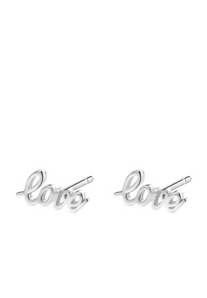 Silver earrings shaped as the word "love" in a cursive font, featuring smooth, polished curves and a minimalist design.