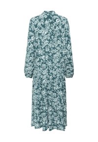 Teal midi-mekko, jossa on pitkät hihat ja korkea kaulus, jossa on vaalean kukkakuosiset ja kerroksellinen hameosa, näkyy takaa.