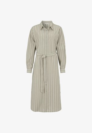 Beiges Hemdblusenkleid mit langen Ärmeln, vertikalen weißen Streifen, durchgehender Knopfleiste, Kragen und passendem Gürtel, der in der Taille gebunden ist.