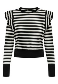 Schwarz-weißer gestreifter Sweatshirt mit gerippten Akzenten an den Schultern, rundem Ausschnitt und einem cropped Saum. Der Stoff wirkt weich und dehnbar.