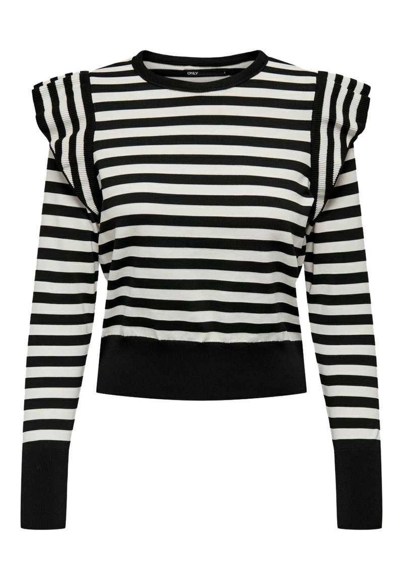 Schwarz-weißer gestreifter Sweatshirt mit gerippten Akzenten an den Schultern, rundem Ausschnitt und einem cropped Saum. Der Stoff wirkt weich und dehnbar.