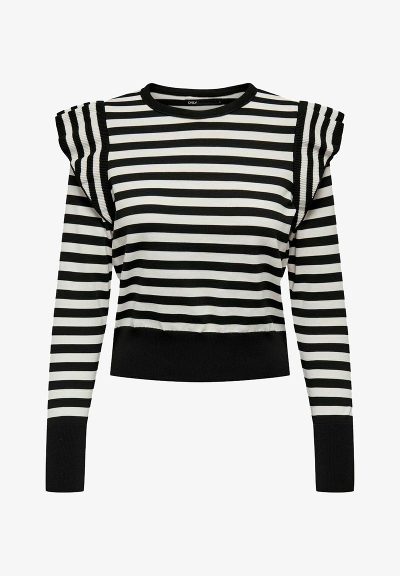 Schwarz-weißer gestreifter Sweatshirt mit gerippten Akzenten an den Schultern, rundem Ausschnitt und einem cropped Saum. Der Stoff wirkt weich und dehnbar.