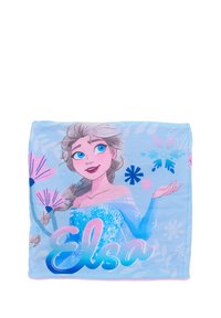 Coperta a tema Frozen con uno sfondo blu, raffigurante Elsa, con accenti luccicanti e motivi floreali.