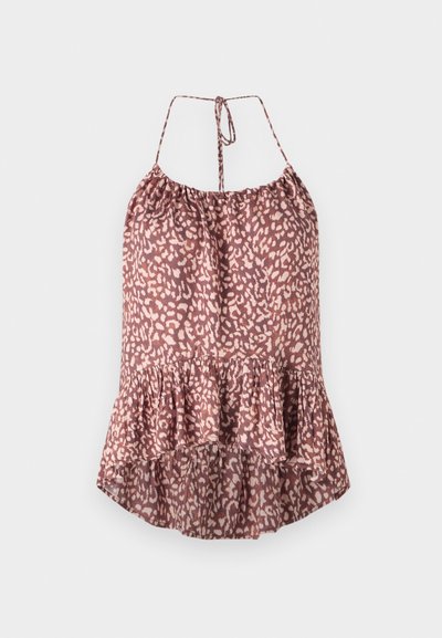 Camisole à imprimé léopard en mauve et crème, avec un ourlet évasé, des bretelles à nouer ajustables et un tissu texturé et léger.