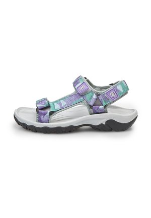 Sandali sportivi con cinturini a motivo viola e verde, chiusure regolabili in velcro e suola leggera in gomma grigia con battistrada testurizzato.