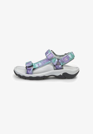 Sandali sportivi con cinturini a motivo viola e verde, chiusure regolabili in velcro e suola leggera in gomma grigia con battistrada testurizzato.