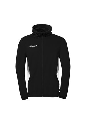 Zwarte sportjas met rits en capuchon, wit "uhlsport" logo op de borst en witte zijpanelen.