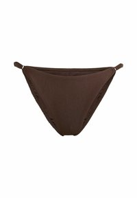 Hnědé žebrované bikiny s postranními popruhy, které mají hladkou texturu a nízký střih. Čisté linie a minimalistický styl.