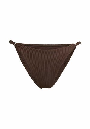 Brązowe bikini dolne z prążkowanym wzorem i bocznymi paskami, charakteryzujące się gładką teksturą i niskim stanem. Czyste linie i minimalistyczny styl.