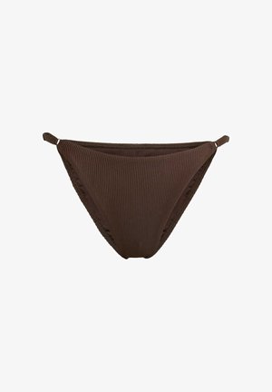 Brązowe bikini dolne z prążkowanym wzorem i bocznymi paskami, charakteryzujące się gładką teksturą i niskim stanem. Czyste linie i minimalistyczny styl.