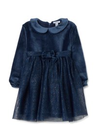 Abito blu navy, corpino in morbido velluto con colletto rotondo, maniche lunghe e gonna in tulle decorata con puntini dorati, completato da un fiocco.