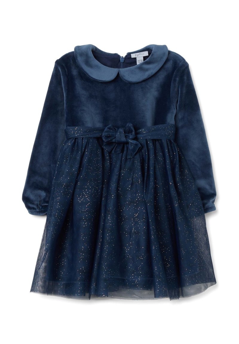 Abito blu navy, corpino in morbido velluto con colletto rotondo, maniche lunghe e gonna in tulle decorata con puntini dorati, completato da un fiocco.