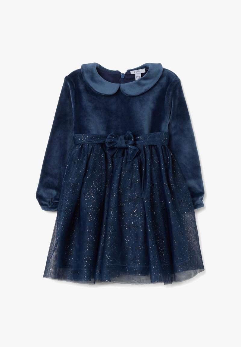 Abito blu navy, corpino in morbido velluto con colletto rotondo, maniche lunghe e gonna in tulle decorata con puntini dorati, completato da un fiocco.