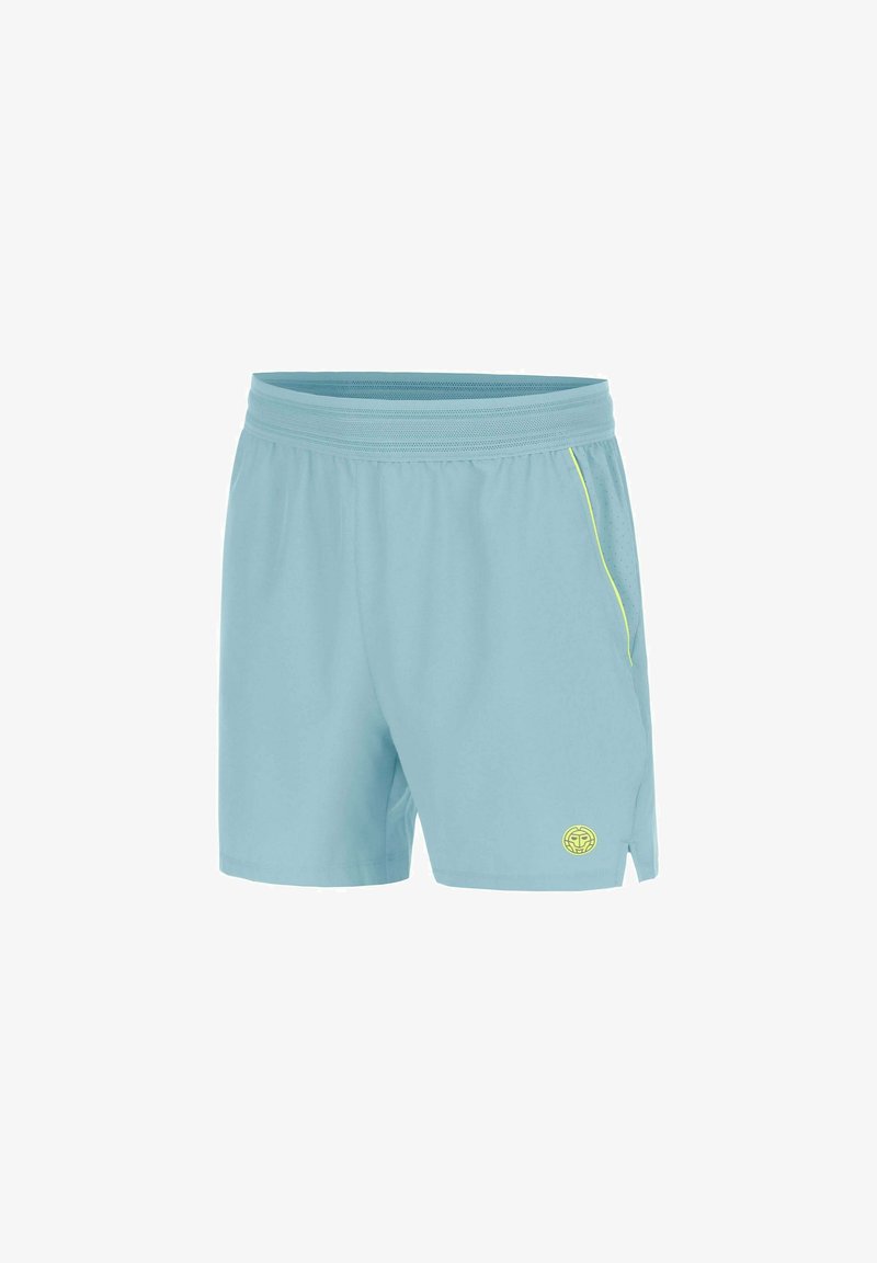 Short de sport bleu clair avec une taille élastique, des poches latérales soulignées en jaune et un petit logo circulaire près de l'ourlet sur la jambe gauche.