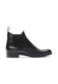 Black leather Chelsea boot with elastic side panels, rounded toe, and a low block heel. Features a pull tab for easy wear.