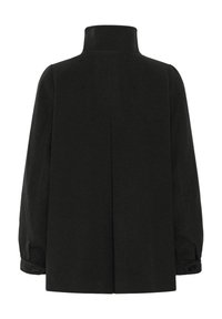 Manteau en laine noire avec col haut, manches longues bouffantes et poignets boutonnés, vu de dos sur fond blanc.