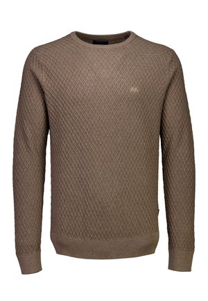 Brauner gestrickter Pullover mit Rautenmuster, rundem Ausschnitt und gerippten Bündchen. Glatte Textur mit minimalem Markenaufdruck.
