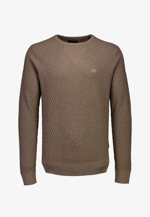 Brązowy sweter z dzianiny z wzorem diamentowym, okrągłym dekoltem i prążkowanymi mankietami. Gładka faktura z minimalnym logo.