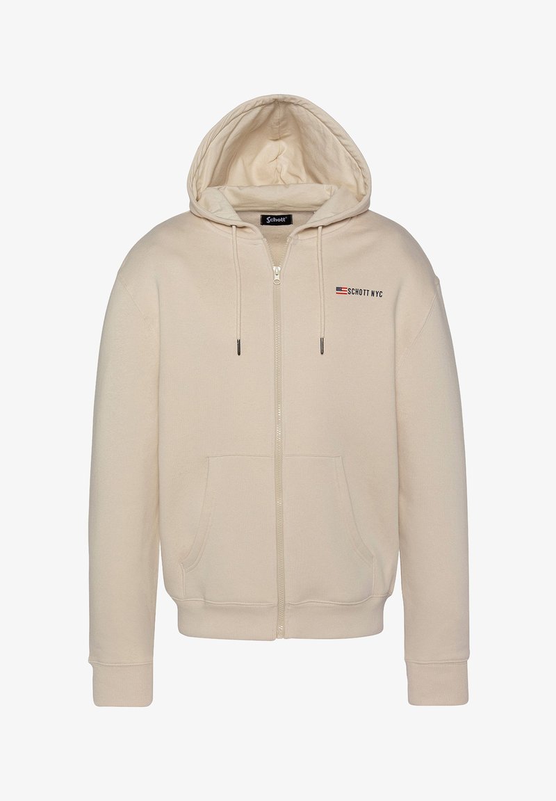 HAut de jogging beige à fermeture éclair avec une poche avant, des cordons ajustables et un logo sur la poitrine gauche. Tissu doux et poignets côtelés.