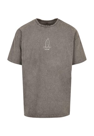 Grijze katoenen t-shirt met ronde halslijn, korte mouwen en een surfboardafbeelding met cirkelvormige accenten in het wit op de voorkant.