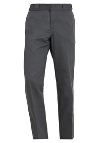 Grå skräddarsydda byxor i lätt tyg, med en rak bendesign och ett midjeband utan synliga stängningar eller detaljer.