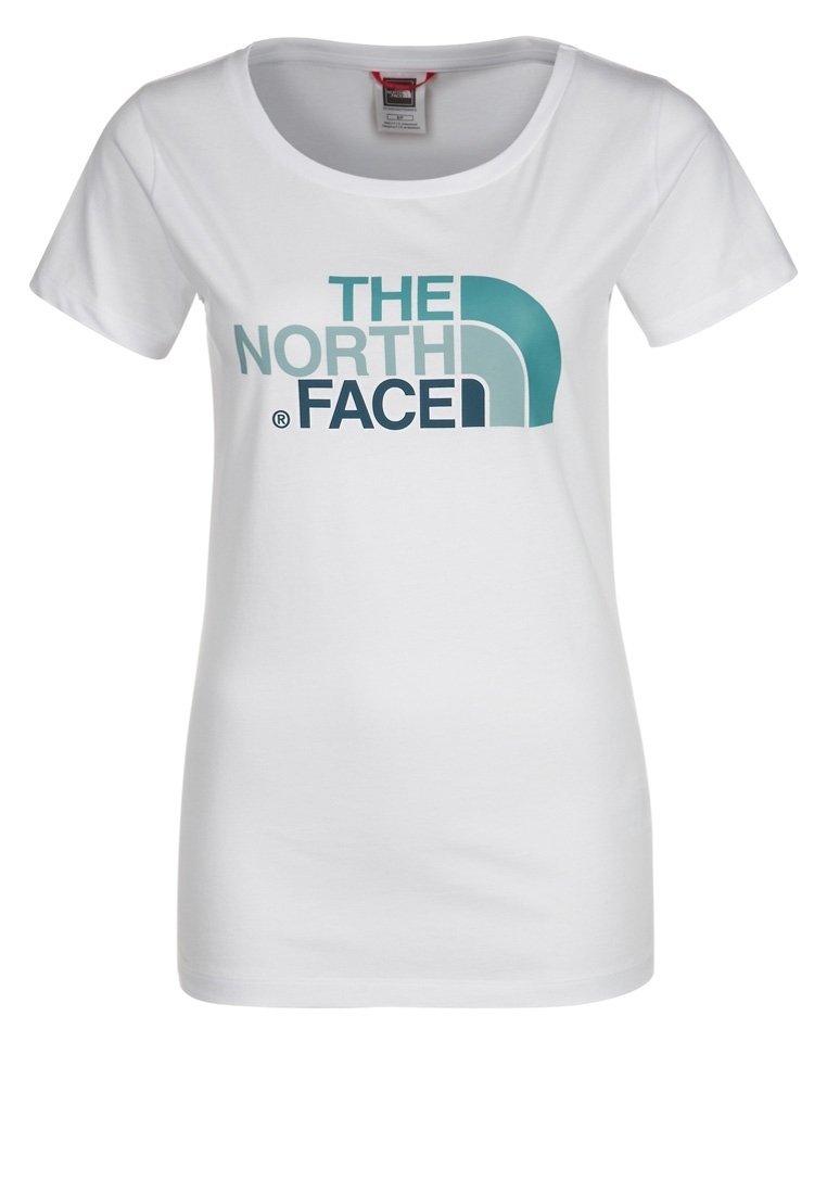 Vit bomull t-shirt med rund halsringning, med en blå och grön grafisk logotext "THE NORTH FACE" över bröstet.