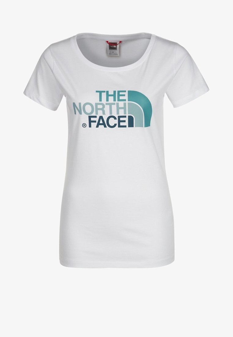 White cotton t-shirt with a round neckline, featuring a blue and green graphic logo text "THE NORTH FACE" across the chest.
