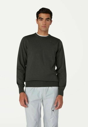 Maglione lavorato a maglia grigio scuro con collo rotondo, polsini e orlo a coste. Presenta un piccolo logo sulla parte superiore del petto sinistro.