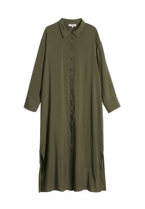 Olivgrünes, langes Hemdkleid aus glattem Stoff; mit Kragen, langen Ärmeln und seitlichen Schlitzen für mehr Bewegungsfreiheit.