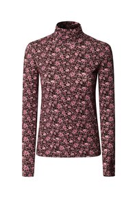 Langarm turtleneck gemaakt van rekbare stof in donkerbruin met een roze bloemenpatroon, met een aansluitend ontwerp en hoge hals.