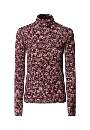 Langermet turtle-neck laget av elastisk stoff i mørk brun med et rosa blomstermønster, med en tettsittende design og høy hals.